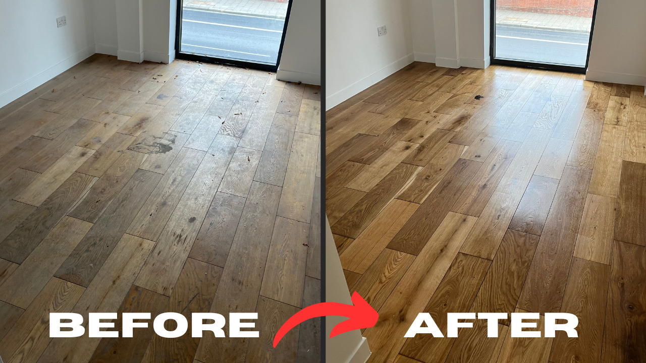 Before and after Wood Floor Sanding in Surbiton—an oak hardwood plank floor restored from grey, scratched boards to a smooth, warm finish.