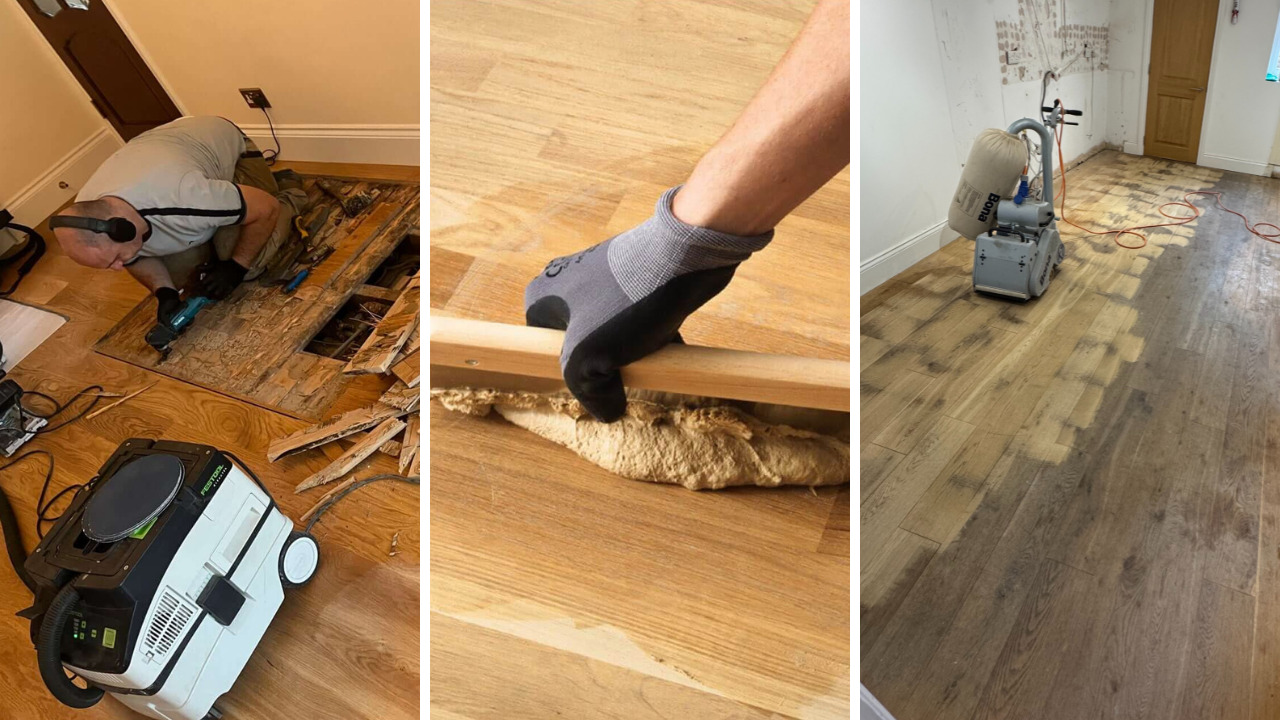Three-step view of Wood Floor Sanding in Surbiton on an oak hardwood plank floor—board repairs, gap filling at a threshold, and a belt sander levelling the room.