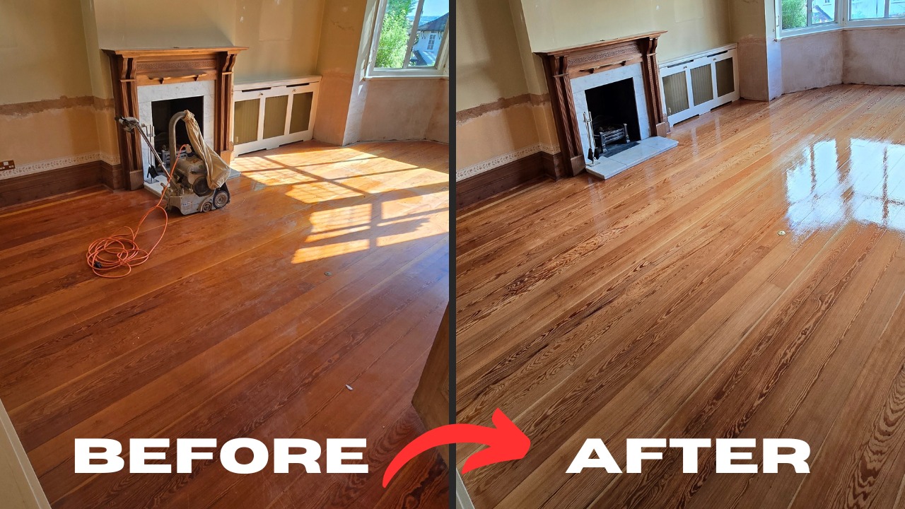 Hardwood Floor Sanding in Surbiton — living-room solid oak floorboards shown before and after sanding and refinishing, transforming dull, scratched boards into a smooth, glossy finish.