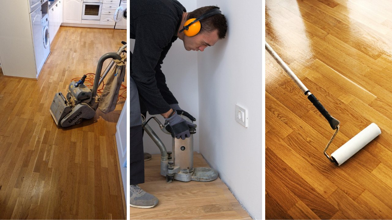Hardwood Floor Sanding in Surbiton — sequence showing oak strip hardwood floor: belt sanding in a kitchen, edge sanding along skirting, and roller application of clear finish.