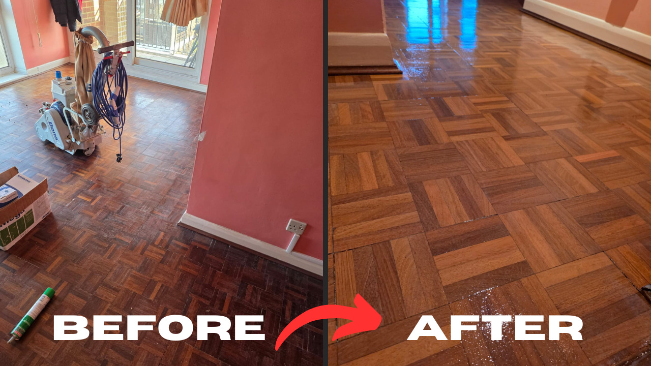 Wood Floor Sanding in Surbiton showing a before-and-after comparison of an oak mosaic parquet living room floor, transformed from dull and worn to smooth and freshly refinished.
