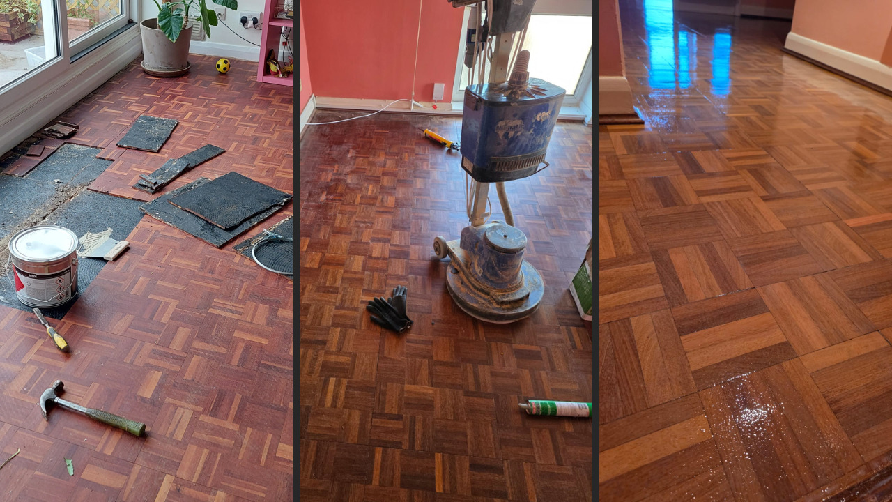 Wood Floor Sanding in Surbiton on an oak mosaic parquet living room floor, showing stages of repair, machine sanding and the fully restored timber surface.