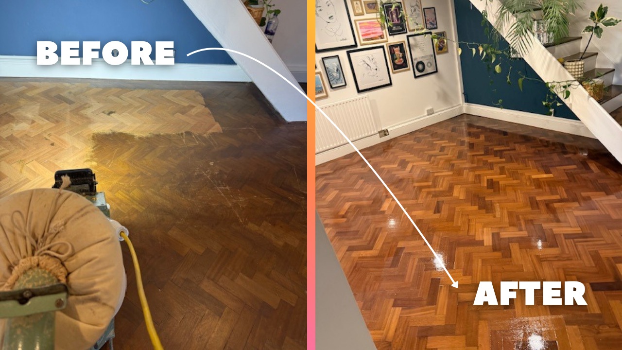Parquet Floor Sanding in Surbiton showing before and after restoration of an oak herringbone parquet floor with rich colour and polished finish