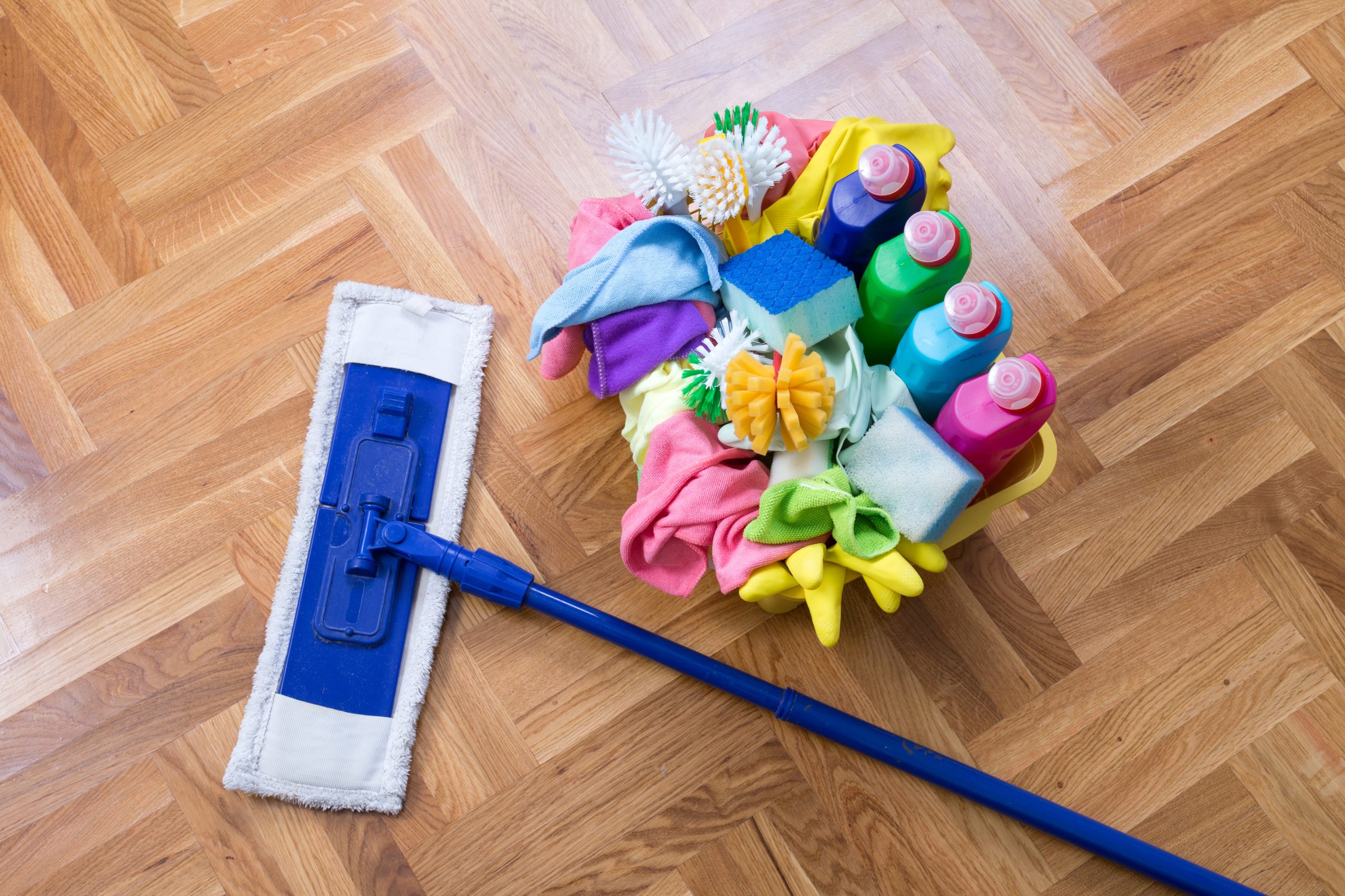 Parquet Floor Sanding in Surbiton with light oak herringbone parquet floor aftercare tools for safe cleaning and maintenance