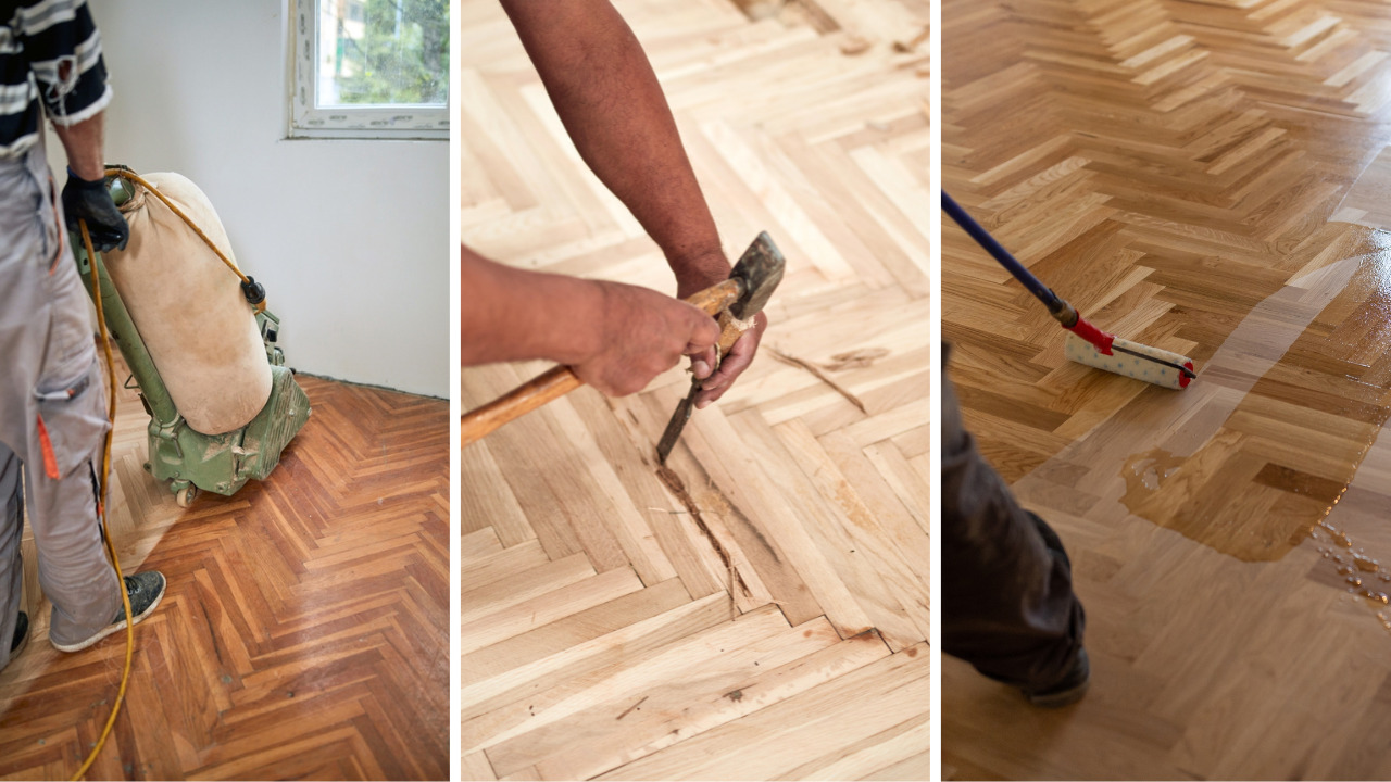 Parquet Floor Sanding in Surbiton showing step-by-step restoration of an oak herringbone parquet floor from sanding and repair to sealing