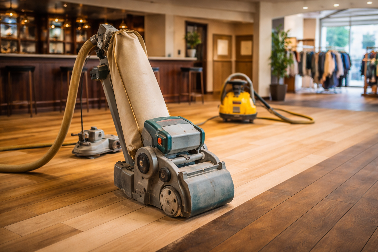Commercial Floor Sanding in Surbiton Shop and Bar Interior Commercial floor sanding in Surbiton shop and bar interior with professional sanding machine restoring timber flooring with minimal downtime