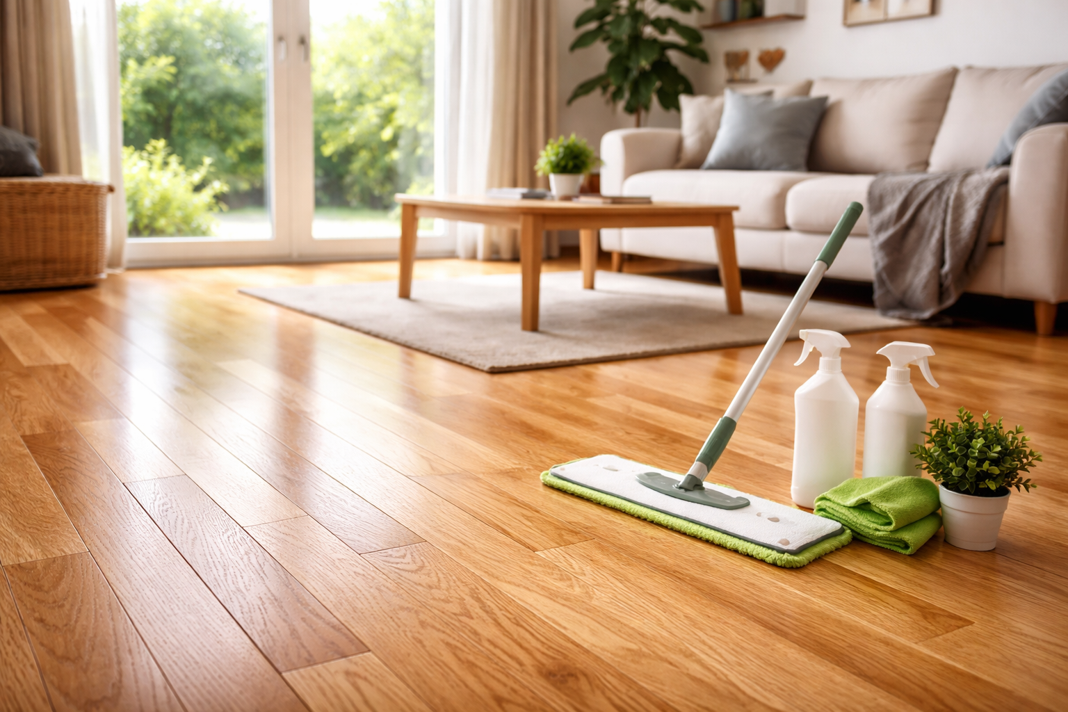 Newly Sanded Wood Floor Aftercare in Surbiton Newly sanded oak wood floor in a bright Surbiton living room with floor care tools and a clean polished finish