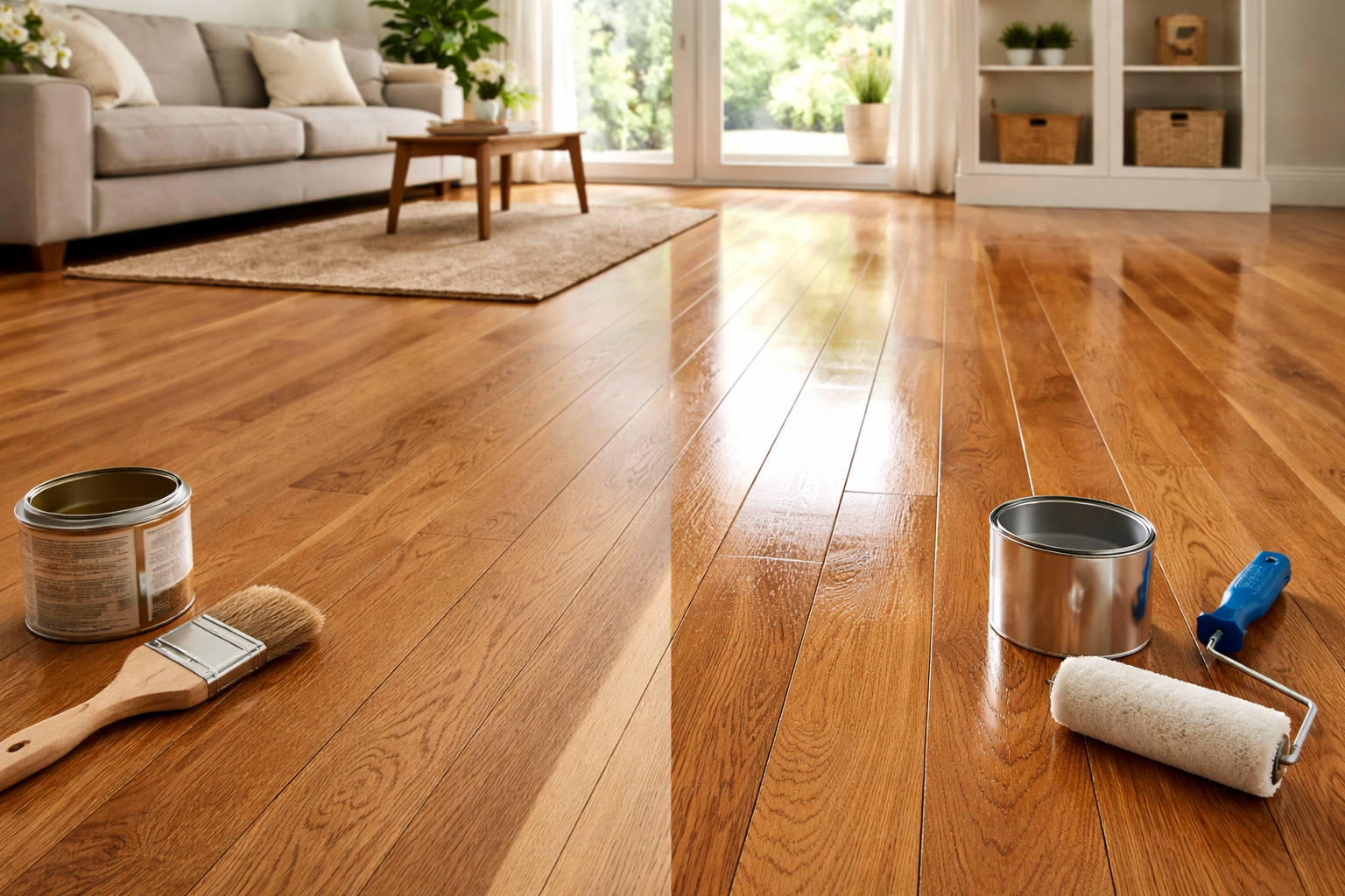 Oil vs Lacquer Wood Floor Finish Comparison in Surbiton Oil vs lacquer wood floor finish comparison in a bright Surbiton living room with natural oak boards and professional finishing tools