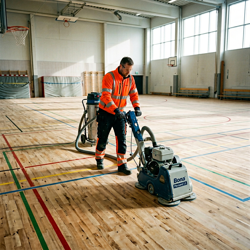 Sports Hall Floor Sanding Tradesman using Bona Flexisand on a commercial sports hall timber floor