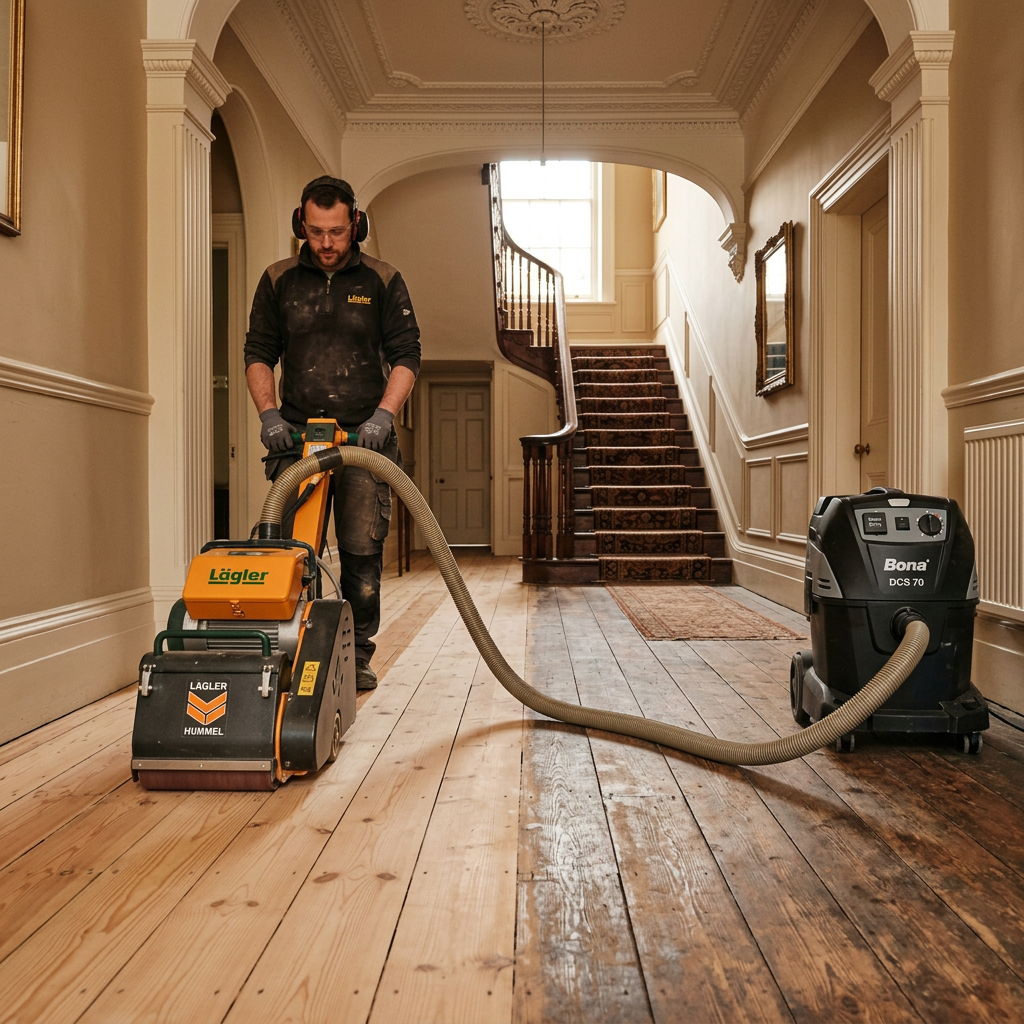 Victorian Pine Floor Restoration Dust-free floor sanding setup in a Victorian hallway with Lagler Hummel and Bona vacuum extractor