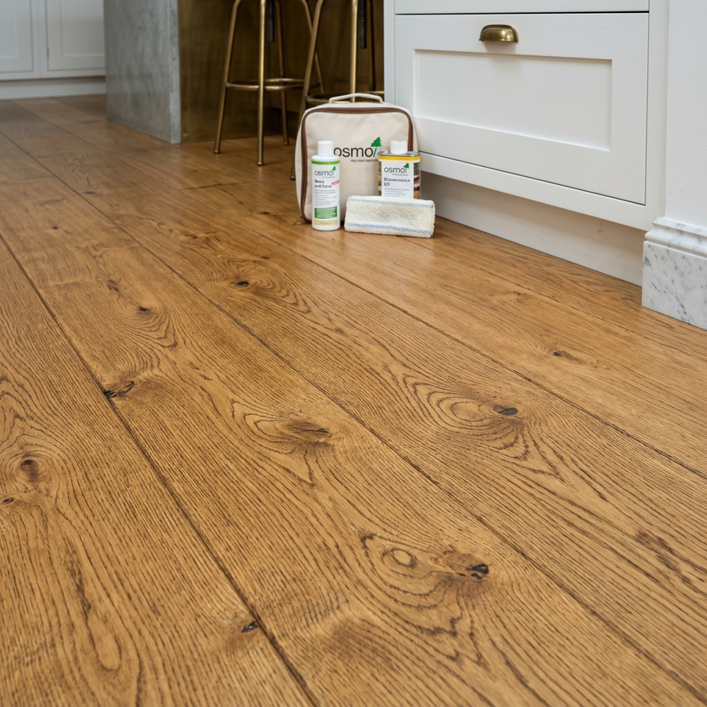 Professional Wood Floor Maintenance Close-up of engineered oak floor finished with Osmo Hardwax Oil