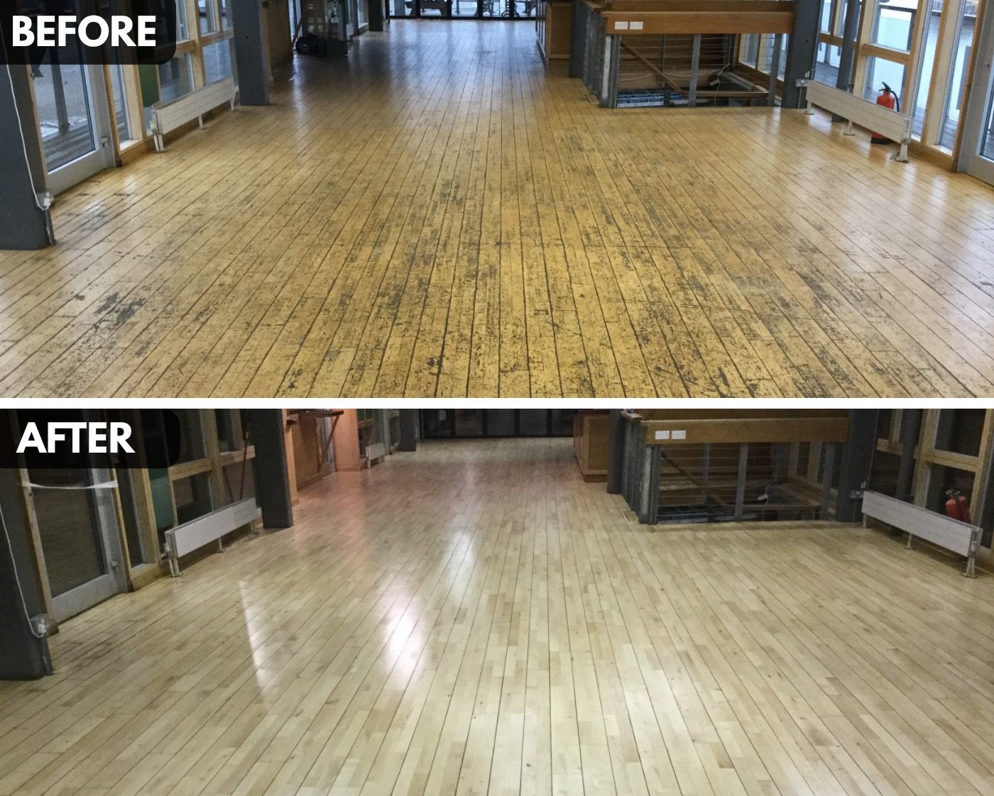 Before and after floor sanding of a community hall wooden floor – worn and scratched surface restored to a smooth, polished finish