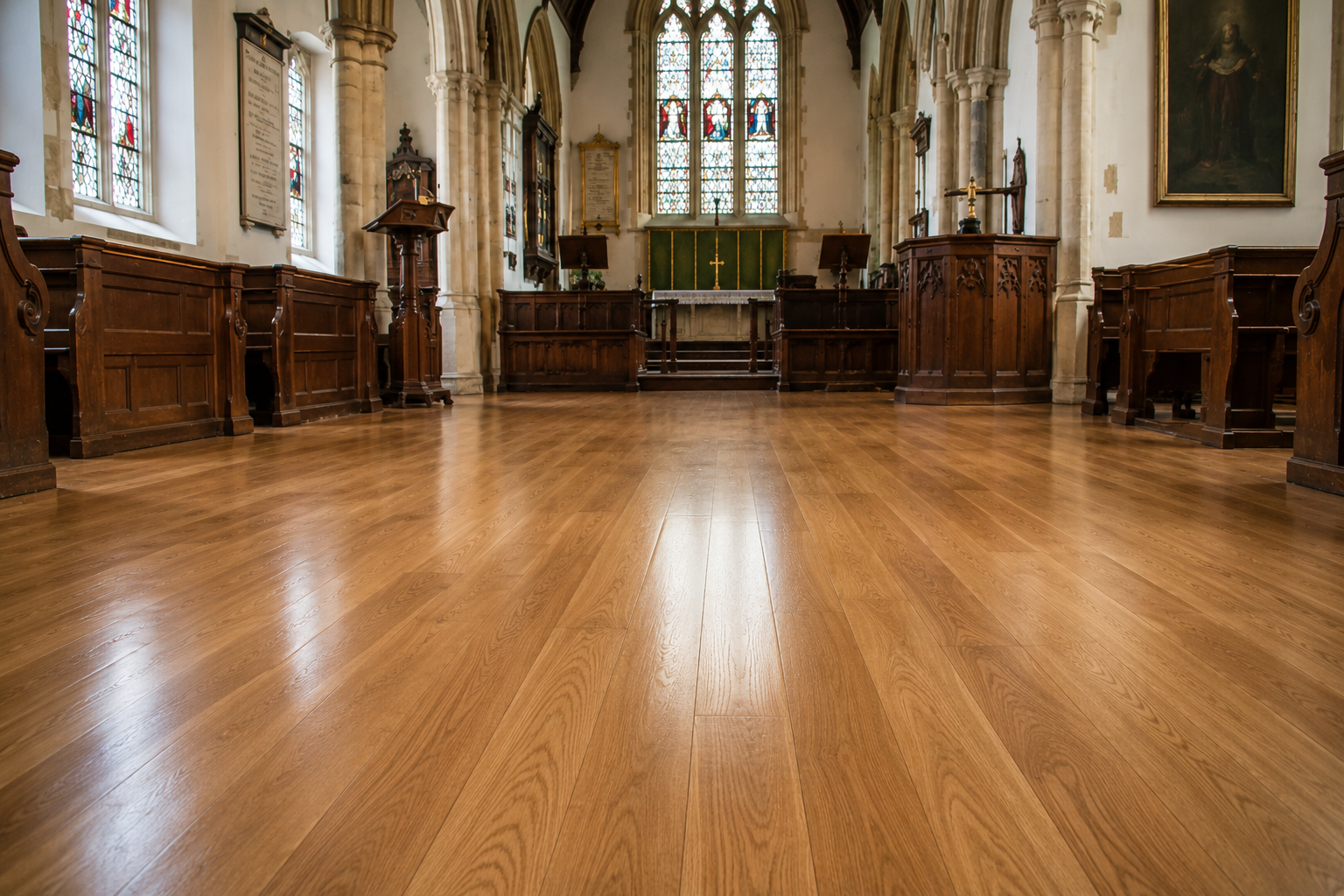 Restored oak wooden floor in a church after professional floor sanding and sealing, showing a smooth polished finish